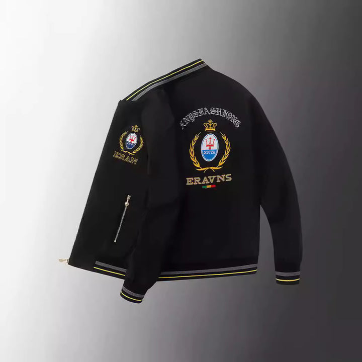 Men's stick detail bomber jacket in retro crest style with emblem embroidery and zipper arm pocket Mune Fashion
