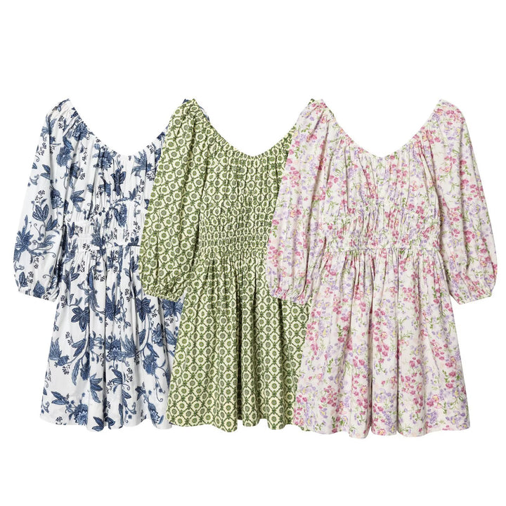Women's Flowered Midi Dress with Wide Balloon Sleeves, Smocked Waistline and V-Neck Mune Fashion
