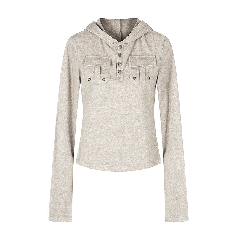 Women's Lightweight Hoodie Long Sleeve Shirt with Henley Button Placket and Patch Chest Pockets Mune Fashion