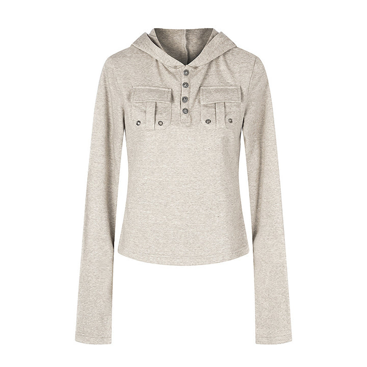 Women's Lightweight Hoodie Long Sleeve Shirt with Henley Button Placket and Patch Chest Pockets Mune Fashion