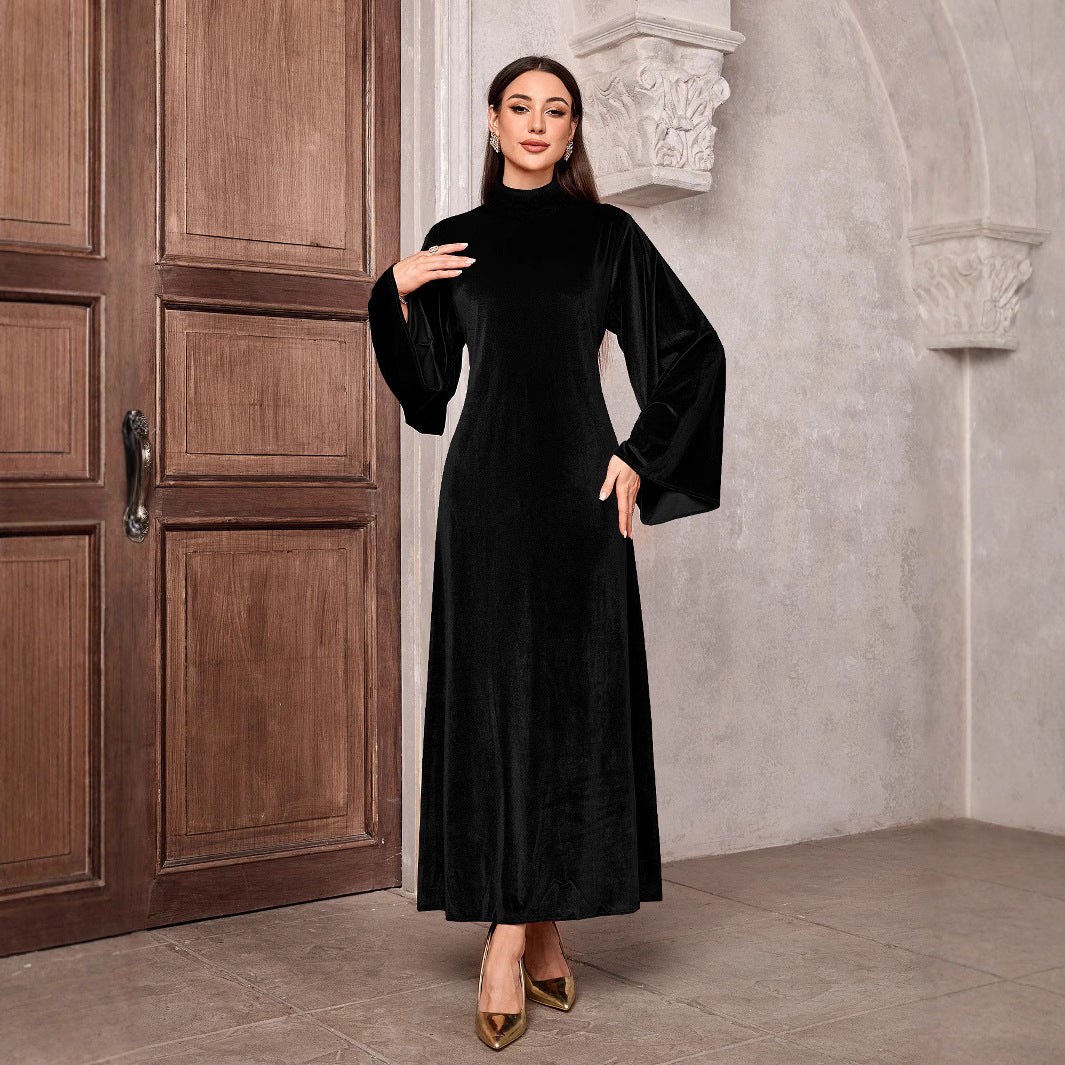 Women's maxi dress made of velvet with stand-up collar and bell sleeves Mune Fashion