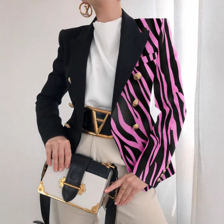 Women's Tailored Double-Breasted Blazer with Distinctive Shoulder, Gold Buttons and Glitter Ombre Mune Fashion