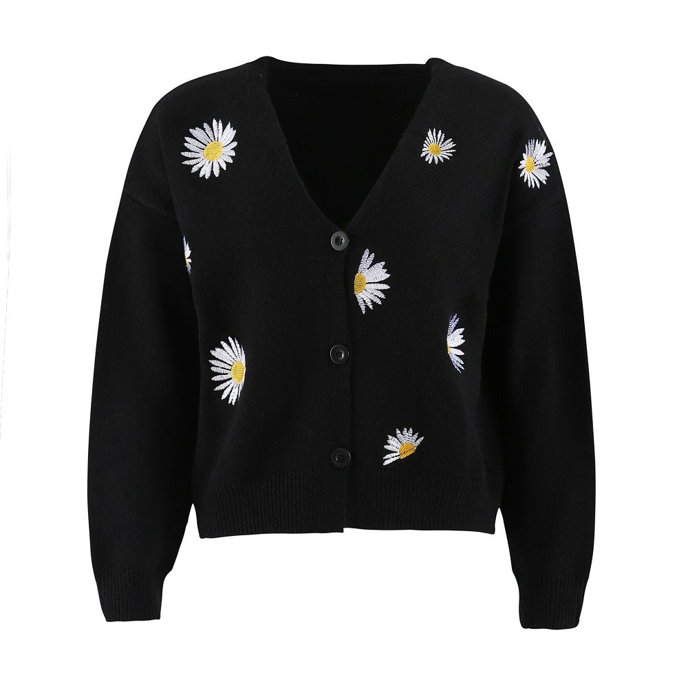 Women Short Cut V-Neck Knit Cardigan with Embroidered Daisies and Ribbed Cuffs Mune Fashion