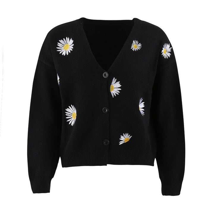 Women Short Cut V-Neck Knit Cardigan with Embroidered Daisies and Ribbed Cuffs Mune Fashion