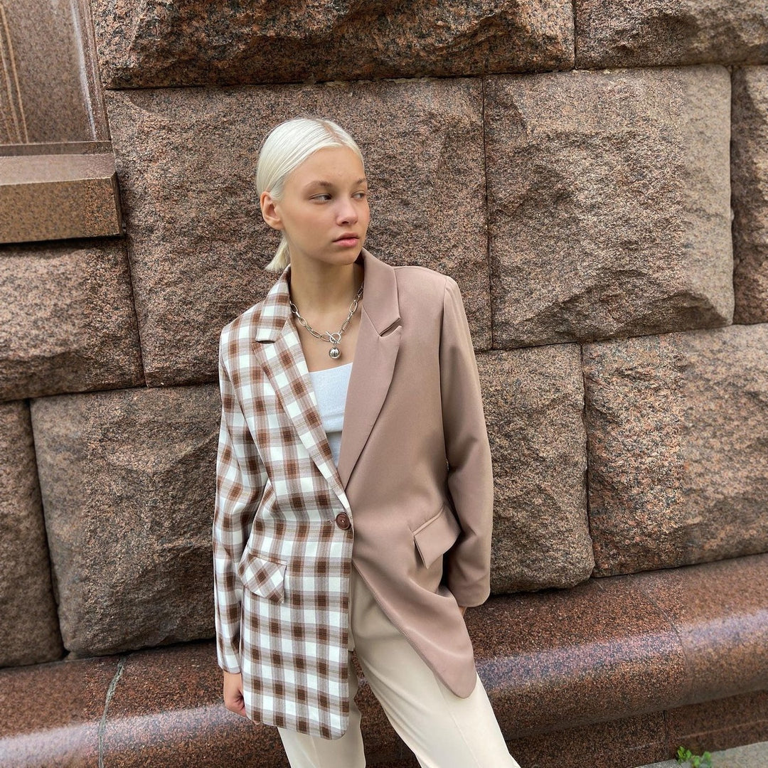 Women's Two-Tone Oversized Blazer with Check Pattern and Notched Lapel Mune Fashion