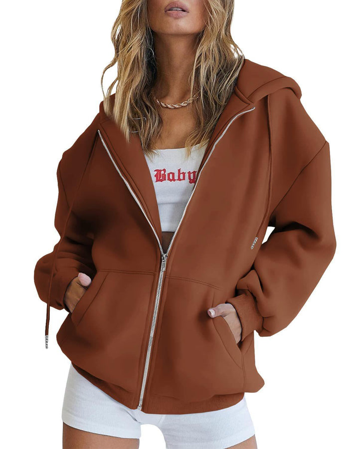 Women's Oversize Zip Hoodie with Hood Kangaroo Pockets and Soft French Terry Mune Fashion