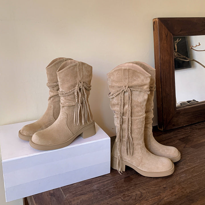 Women's Calf-Height Suede Boots with Braided Tassel Strap Mune Fashion
