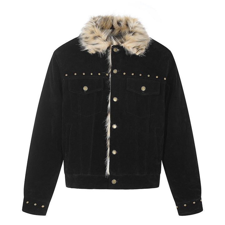 Men's suede trucker jacket with faux fur collar, stud embellishments and snap button closure Mune Fashion