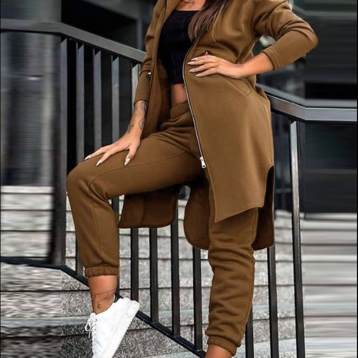 Women's Hooded Coat and High-Waist Jogging Pants Lounge Set Mune Fashion