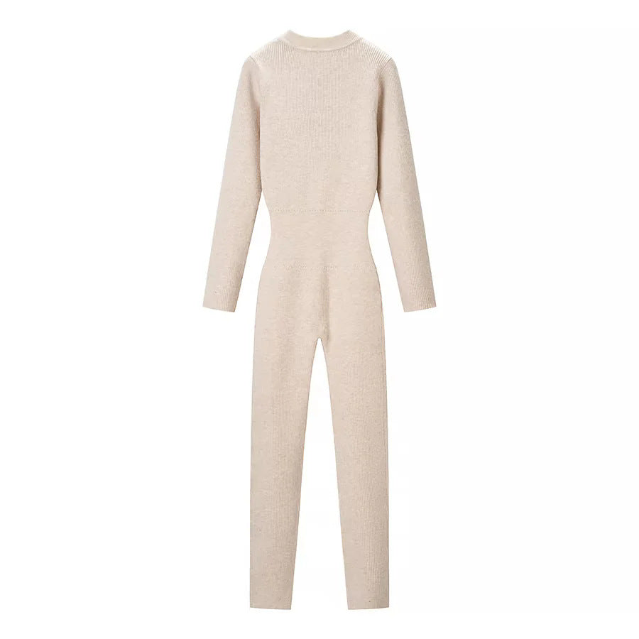 Women’s body-hugging ribbed jumpsuit with high collar and half-concealed zipper Mune Fashion