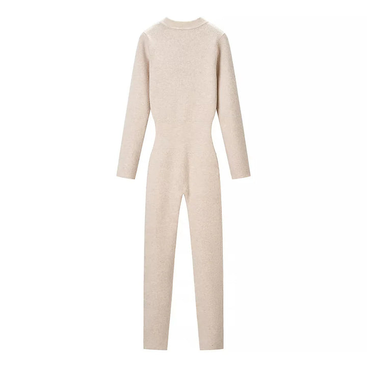 Women’s body-hugging ribbed jumpsuit with high collar and half-concealed zipper Mune Fashion