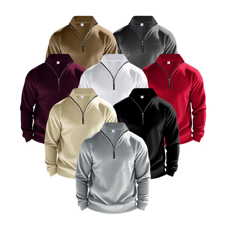 Men's Lightweight Fleece Pullover with Stand-Up Collar and Half-Length Zipper Mune