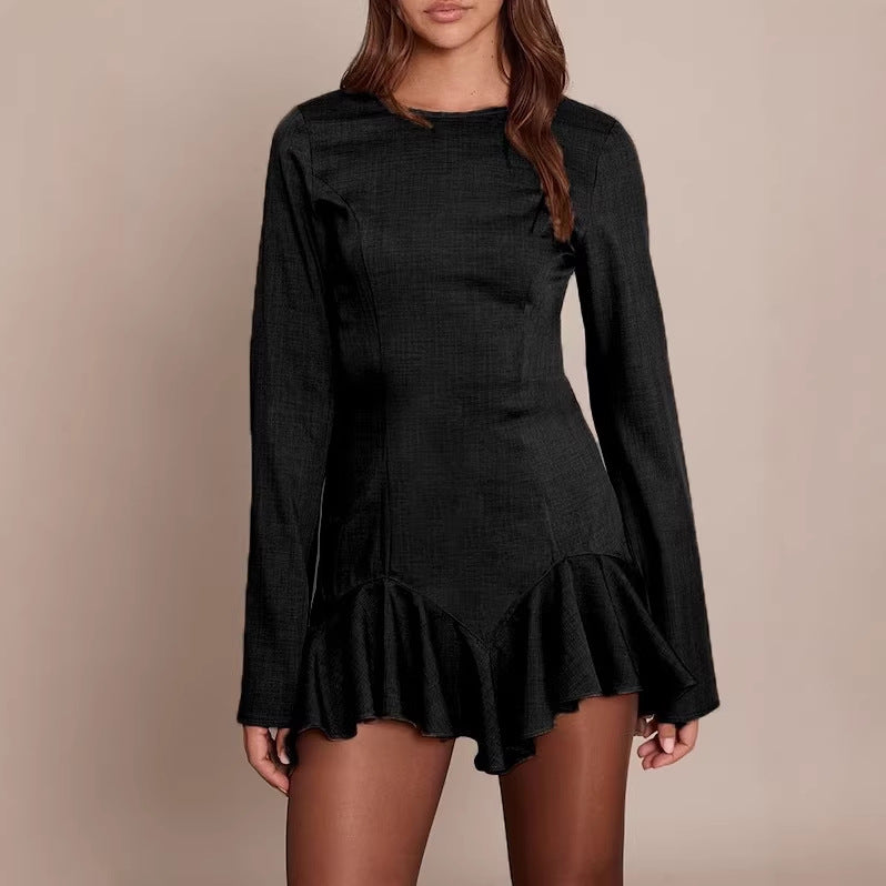 Women's Figure-Hugging Long Sleeve Mini Dress with Tailored Seams and Ruffle Hem