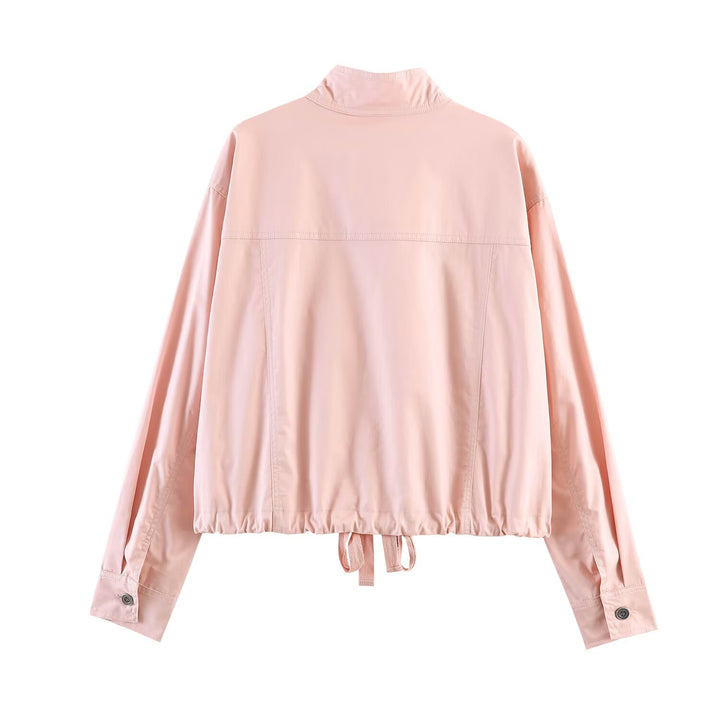 Women Short Jacket in Safari Style with Stand-up Collar, Kangaroo Pockets and Drawstring Mune Fashion