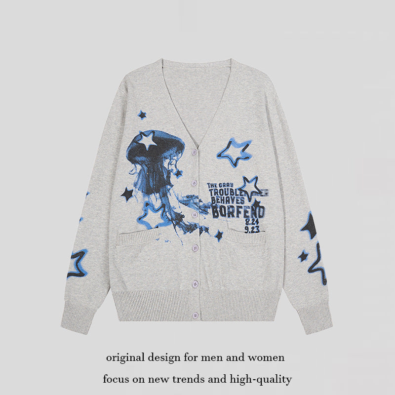 Women's Button-Up V-Neck Cardigan with Allover Print, Side Pockets and Ribbed Hem