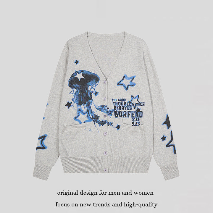 Women's Button-Up V-Neck Cardigan with Allover Print, Side Pockets and Ribbed Hem