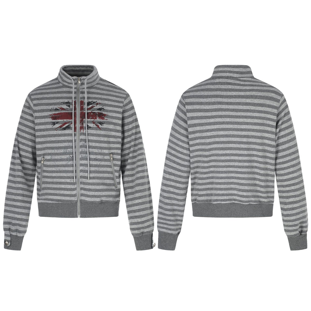 Men's Hoodless Striped Zip Blouson Jacket with Funnel Collar and Vintage Print Mune Fashion