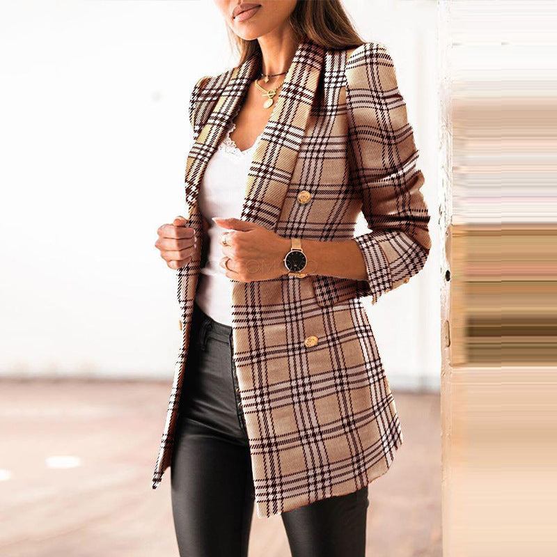 Women's Elegant Tweed Blazer Jacket with Double Button Placket and Modern Cut Mune