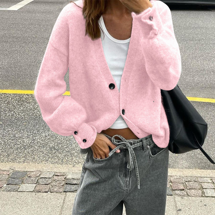 Women's casual cardigan with deep V-neck, button placket and balloon sleeves Mune Fashion