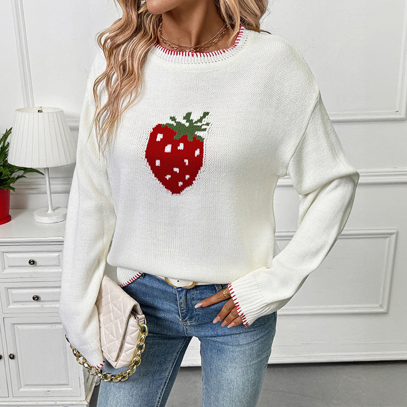 Women Playful Sweater with Strawberry Motif Mune Fashion