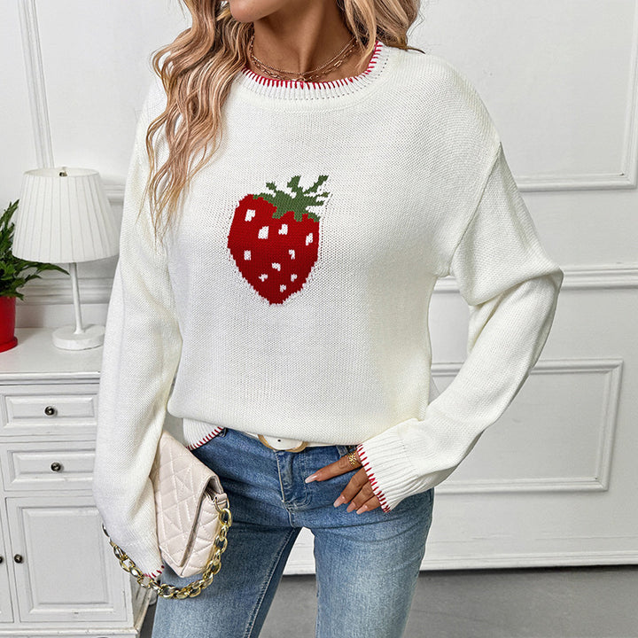Women Playful Sweater with Strawberry Motif Mune Fashion