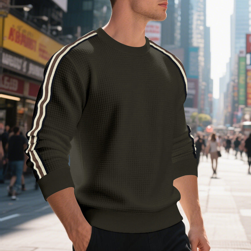 Men's waffle knit sweater with contrasting sleeve stripes and round neckline Mune Fashion
