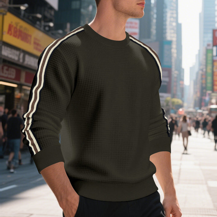 Men's waffle knit sweater with contrasting sleeve stripes and round neckline Mune Fashion