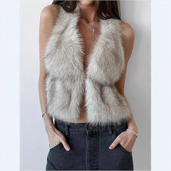 Women's Sleeveless Cropped Faux Fur Set with Mini Skirt and Fluffy Cuffs Mune Fashion