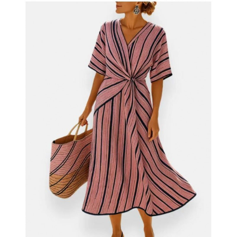 Women's maxi dress with V-neck, side knot and contrast piping Mune Fashion