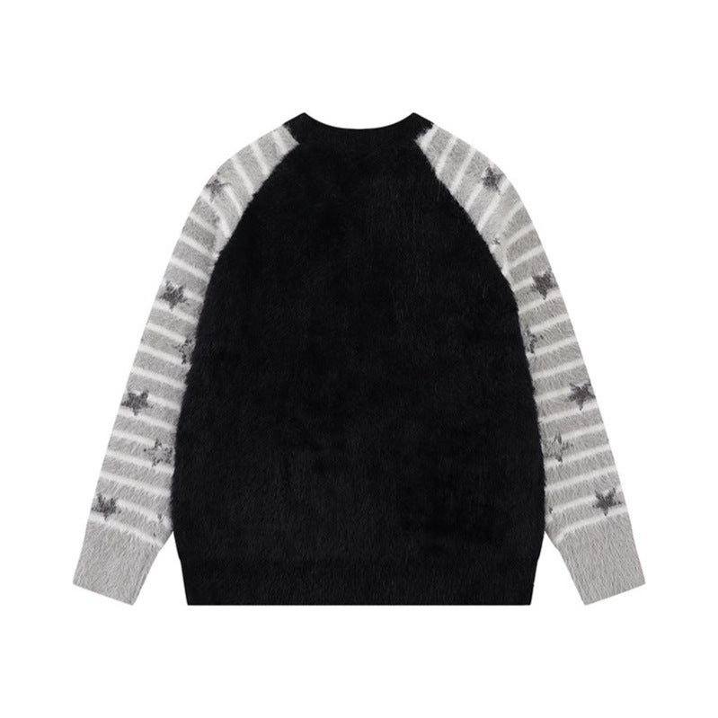 Women Soft Fluffy Knit Sweater with Integrated Tube Scarf and Manga Illustration Mune Fashion