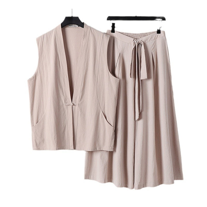 Women's Sleeveless Kimono Loungewear Set made of lightweight Viscose-Linen with Tied Vest and Wide Palazzo Pants Mune Fashion