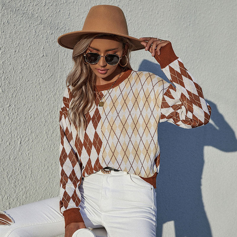 Women’s argyle knit pullover in oversized look with round neck and ribbed cuffs Mune Fashion