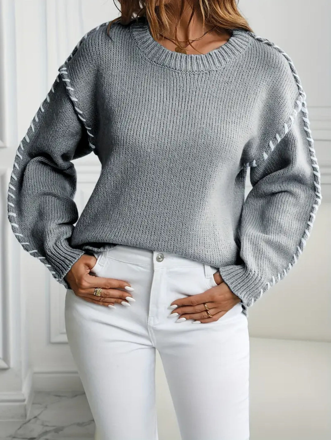 Women's Oversize Knit Sweater with Decorative Cord Braid on Sleeves Mune Fashion