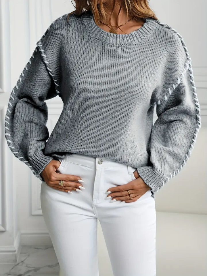 Women's Oversize Knit Sweater with Decorative Cord Braid on Sleeves Mune Fashion