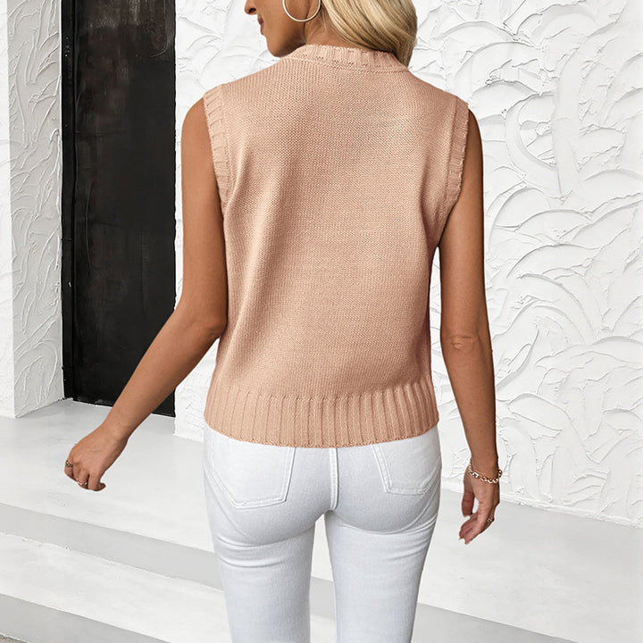 Women's Sleeveless Cable Knit Vest with Slit Collar Mune Fashion