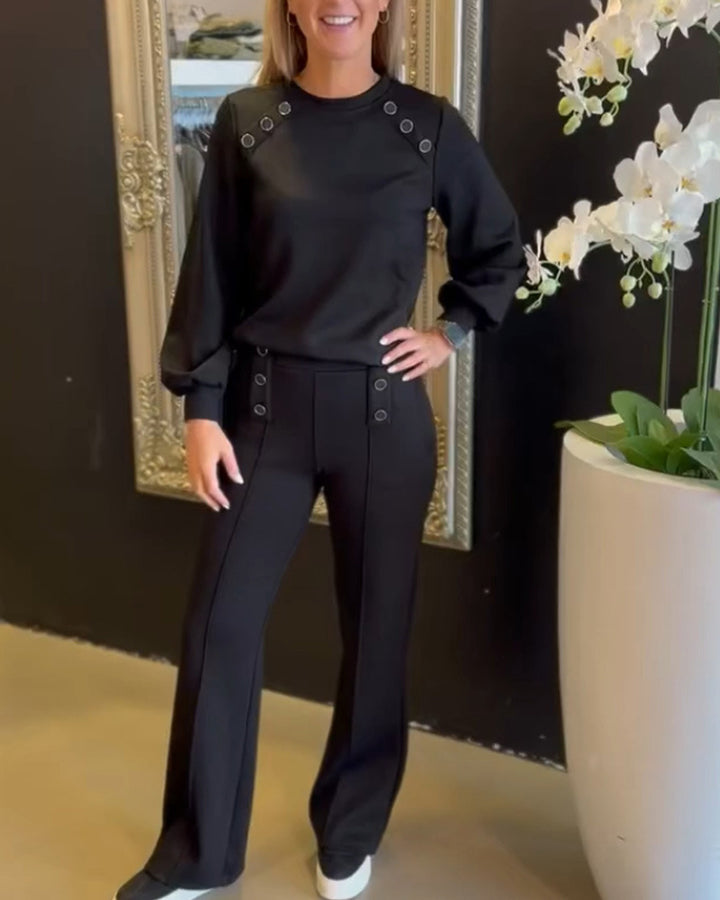 Women's sporty-elegant jersey two-piece set with eyelet decoration, high-waisted wide-leg pants in Marlene style Mune Fashion