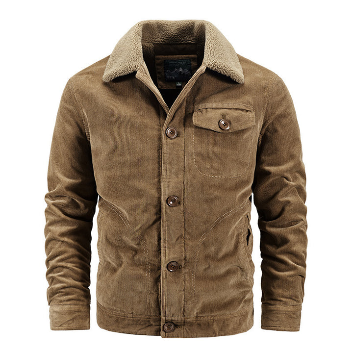 Men's cord trucker jacket with warming Sherpa collar and wooden button front Mune Fashion