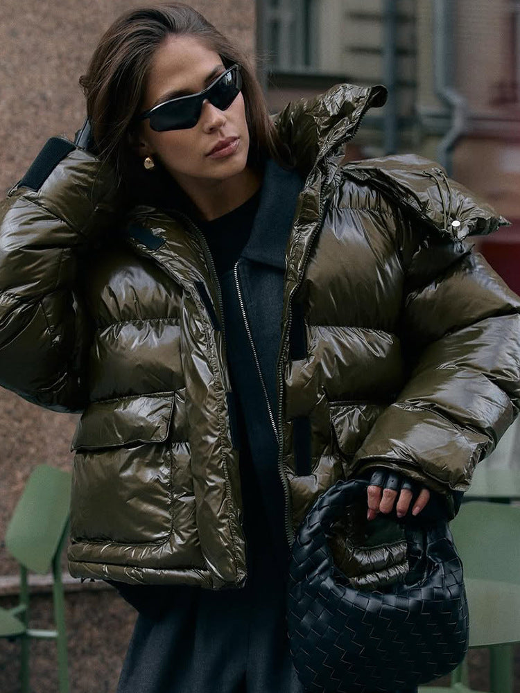 Women's padded short jacket with high-gloss finish, oversized cut, and hood Mune Fashion