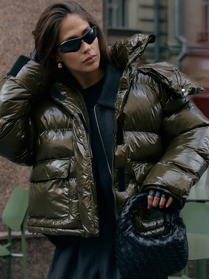 Women's padded short jacket with high-gloss finish, oversized cut, and hood Mune Fashion