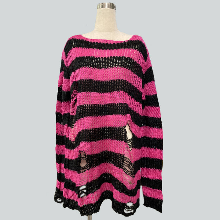 Women's oversized chunky knit sweater with wide block stripes and distressed design Mune Fashion