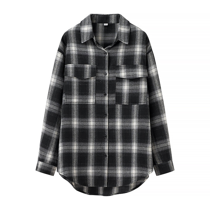Women's Oversized Check Shirt Blouse with Patch Breast Pockets and Rounded Hem Mune Fashion