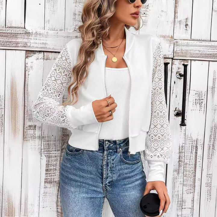 Women's bomber jacket with crochet lace sleeves and full-length zipper Mune Fashion
