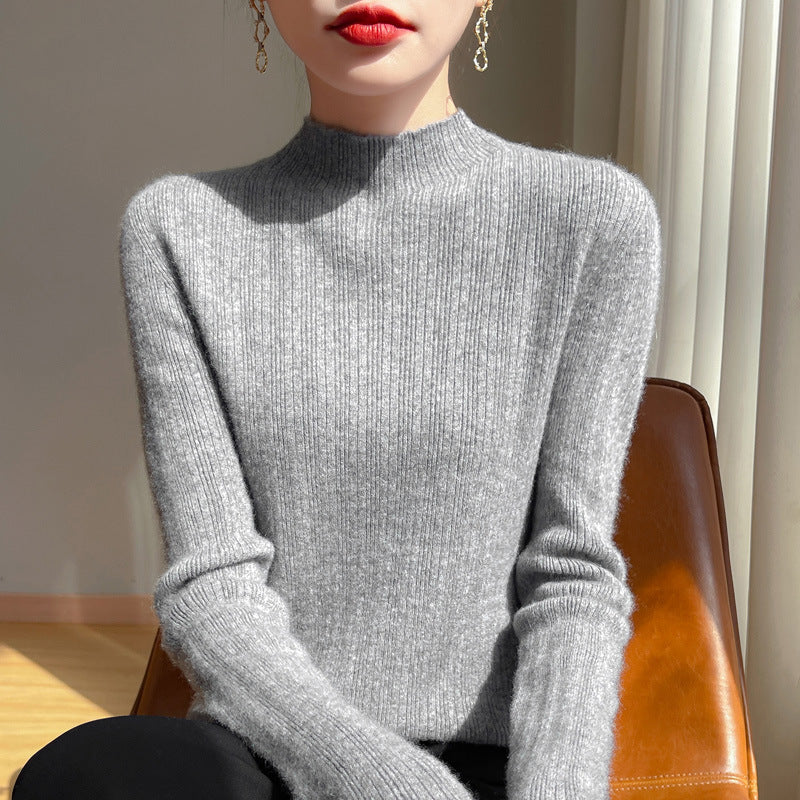 Women's slim-fit fine knit pullover with a short standing collar and fine ribbed texture Mune Fashion