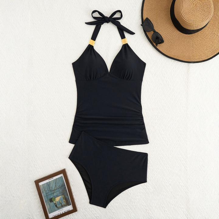 Ladies elegant swimsuit with sophisticated V-neck and golden details Mune Fashion