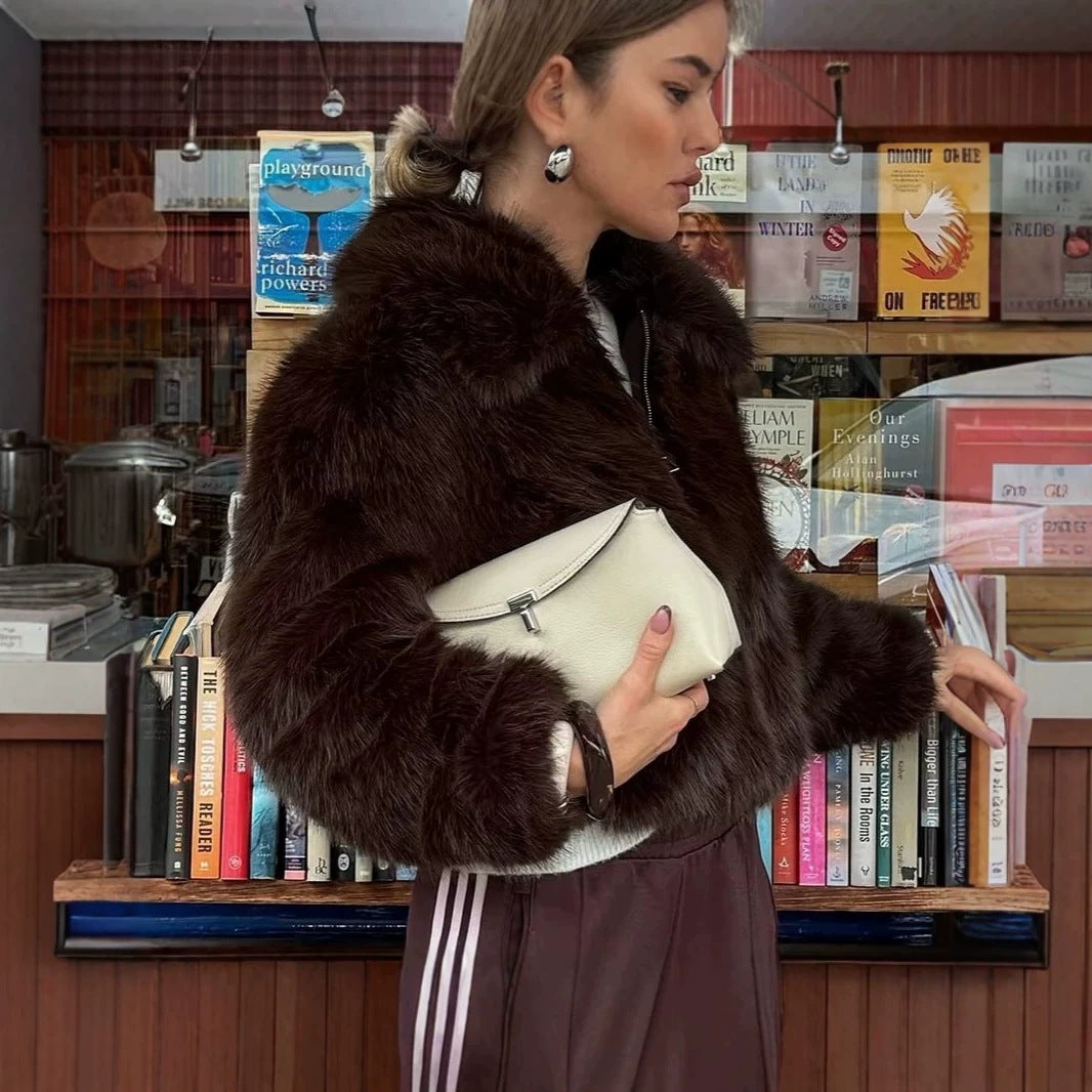Women's Cropped Faux Fur Boxy Jacket with High Stand-Up Collar and Extra Soft Long Pile Mune Fashion