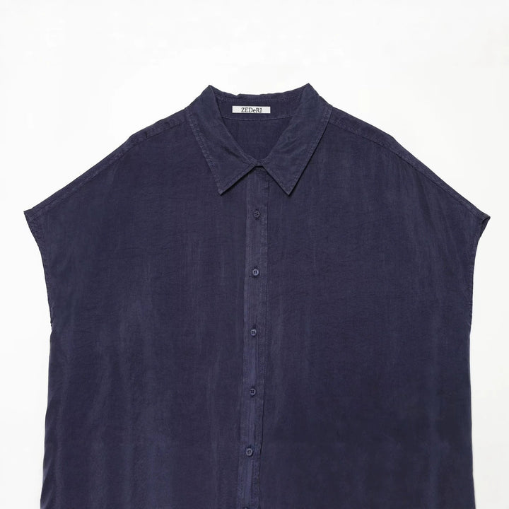 Women Oversize Sleeveless Shirt Blouse in Linen Look with Full Button Placket Drune