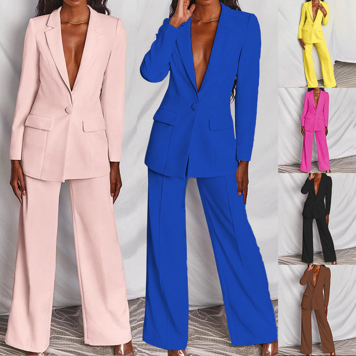 Women's elegant tailored two-piece with deep V lapel, single-button blazer and wide pleated trousers Mune Fashion