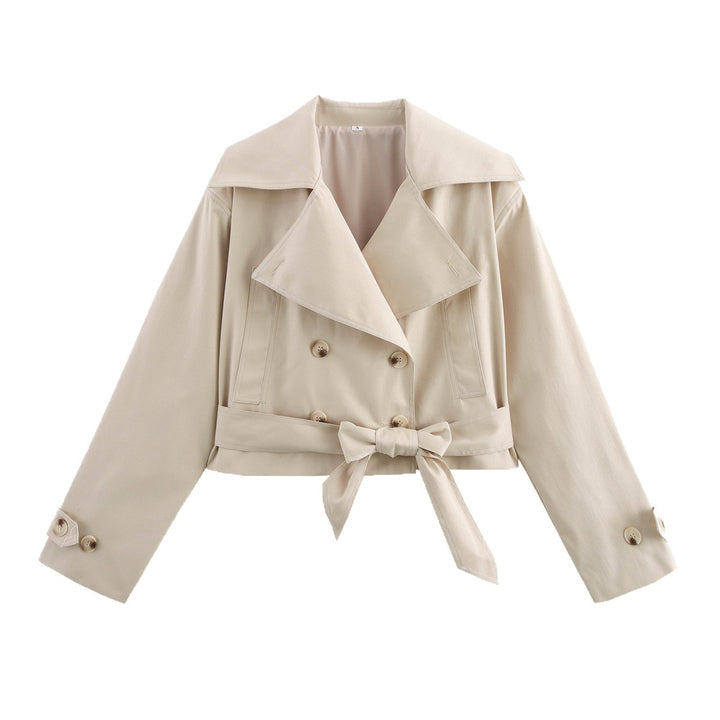 Women's Cropped Trench Coat in Boxy Cut with Wide Lapels and Tie Mune Fashion