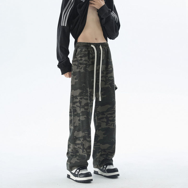 Men's Loose Camouflage Cargo Pants with Long Tunnel Drawstrings and Utility Loops Mune Fashion