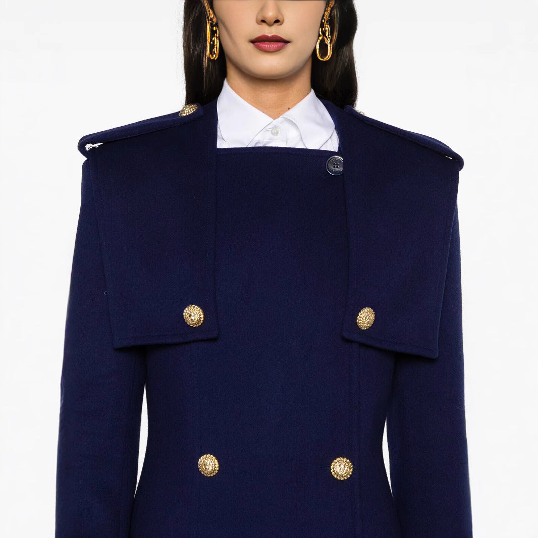 Women's Double-Breasted Coat with Cape Insert, Epaulettes and Decorative Straps Mune Fashion